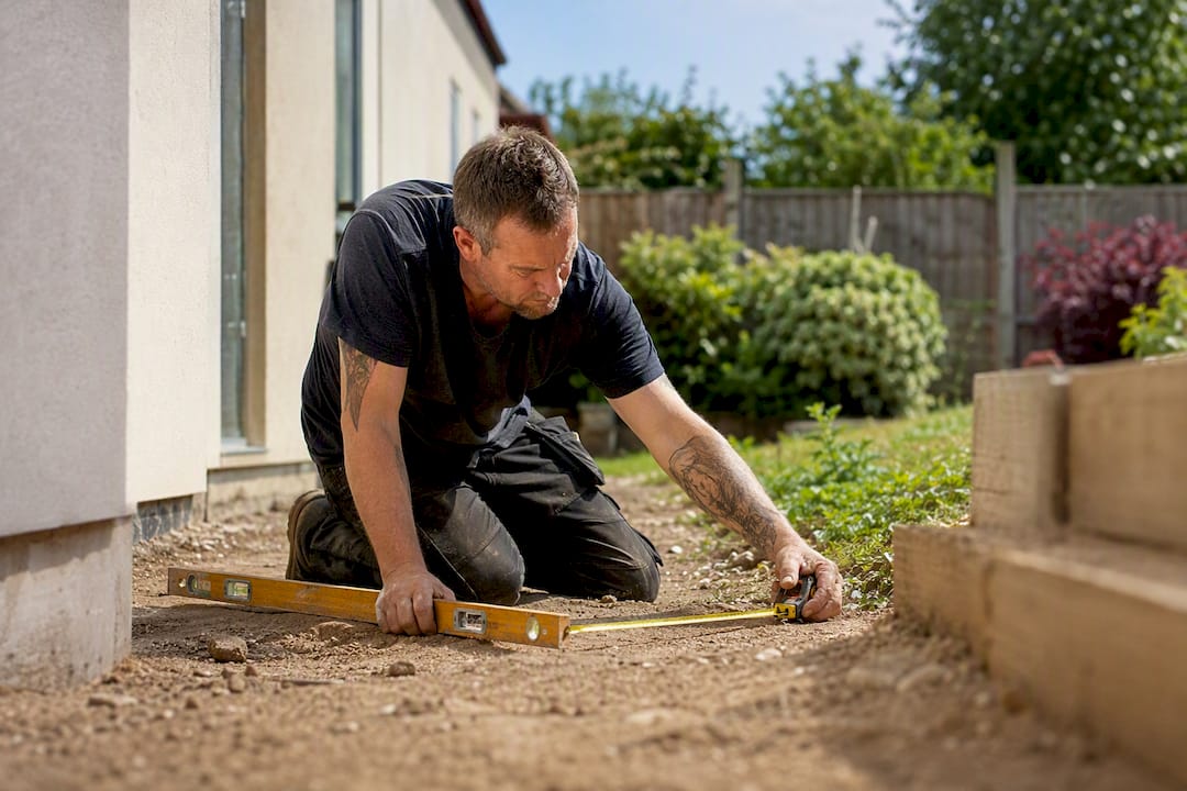Manual ground level measurement on sloping garden site