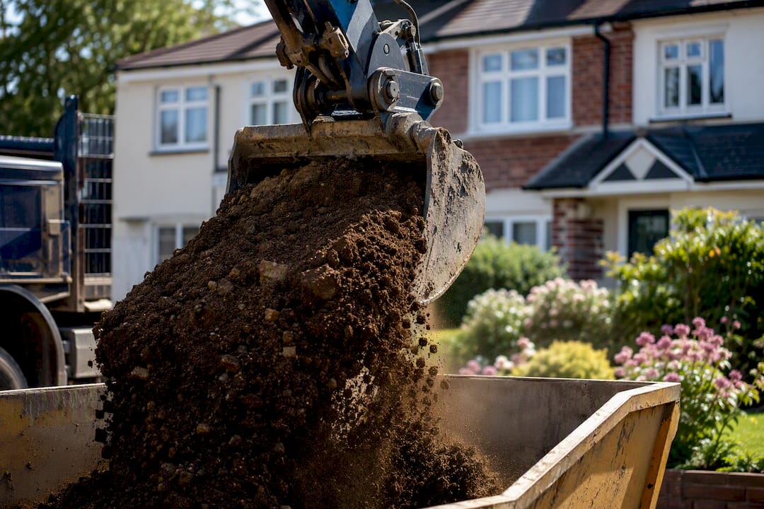 Grab lorry unloading soil at extension site