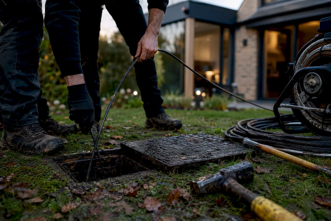 Hands performing drain rod maintenance