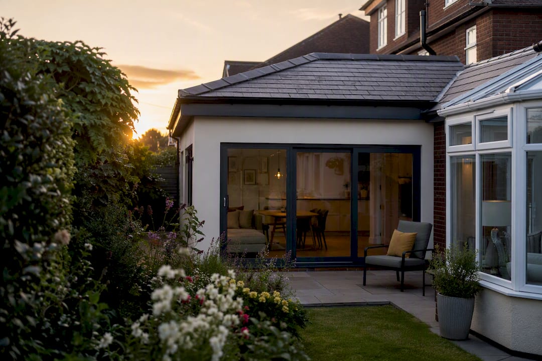 Rear single-storey extension near garden