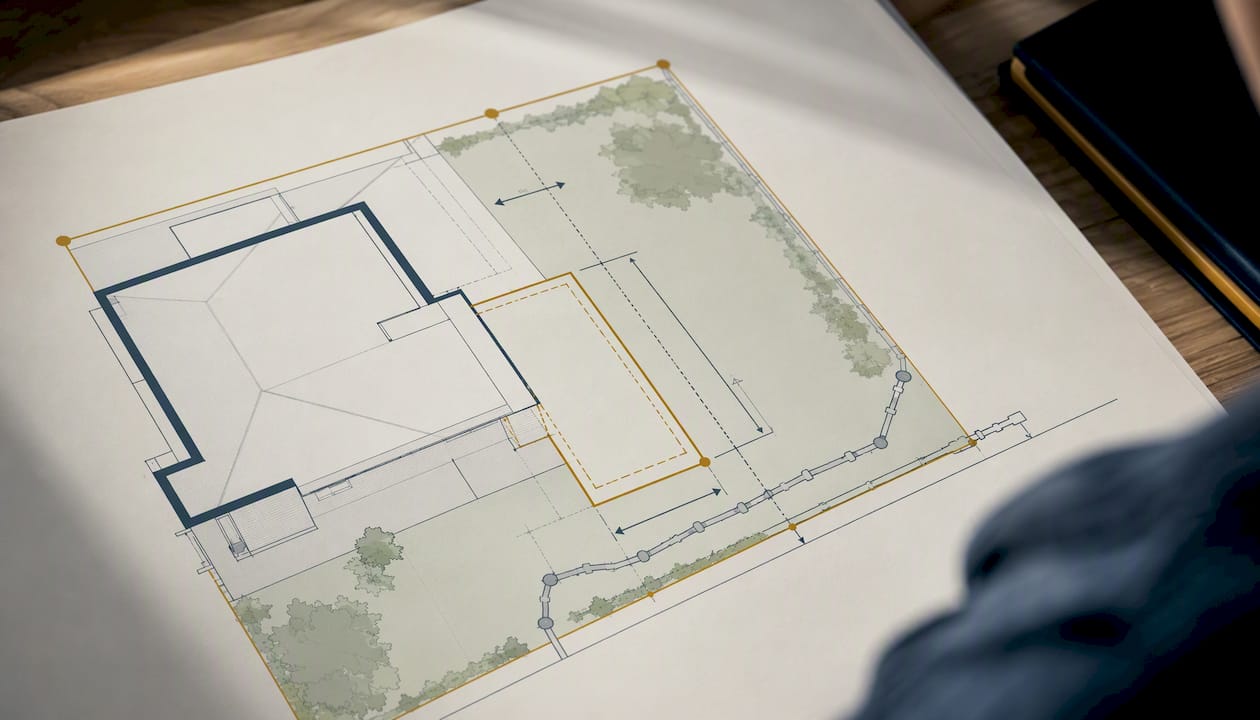 Extension footprint fitted around boundary and drain