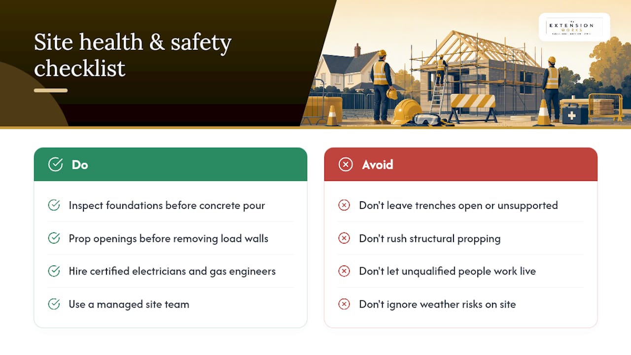 Health and safety on site during the build — overview diagram