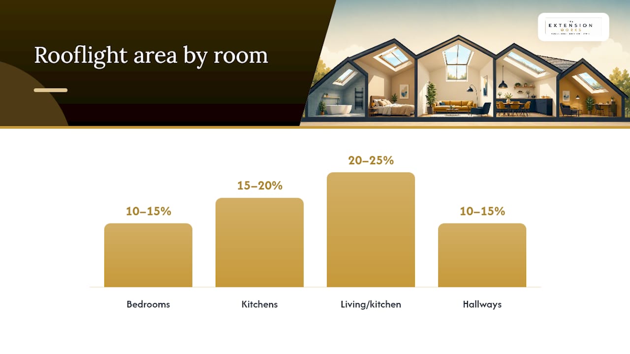 How to choose rooflight size by room type and daylight ratios — overview diagram
