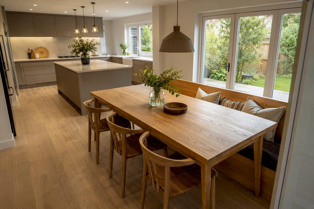 Dining table with clear kitchen diner circulation
