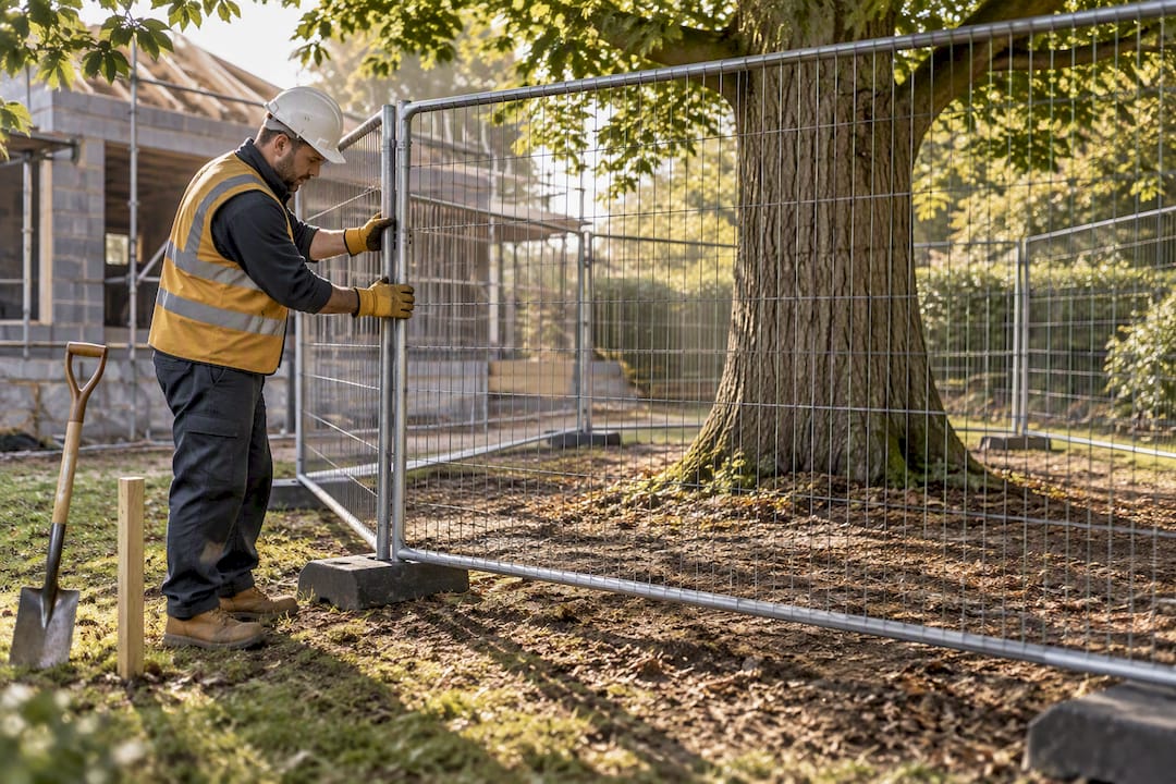 Fencing protects tree roots during construction