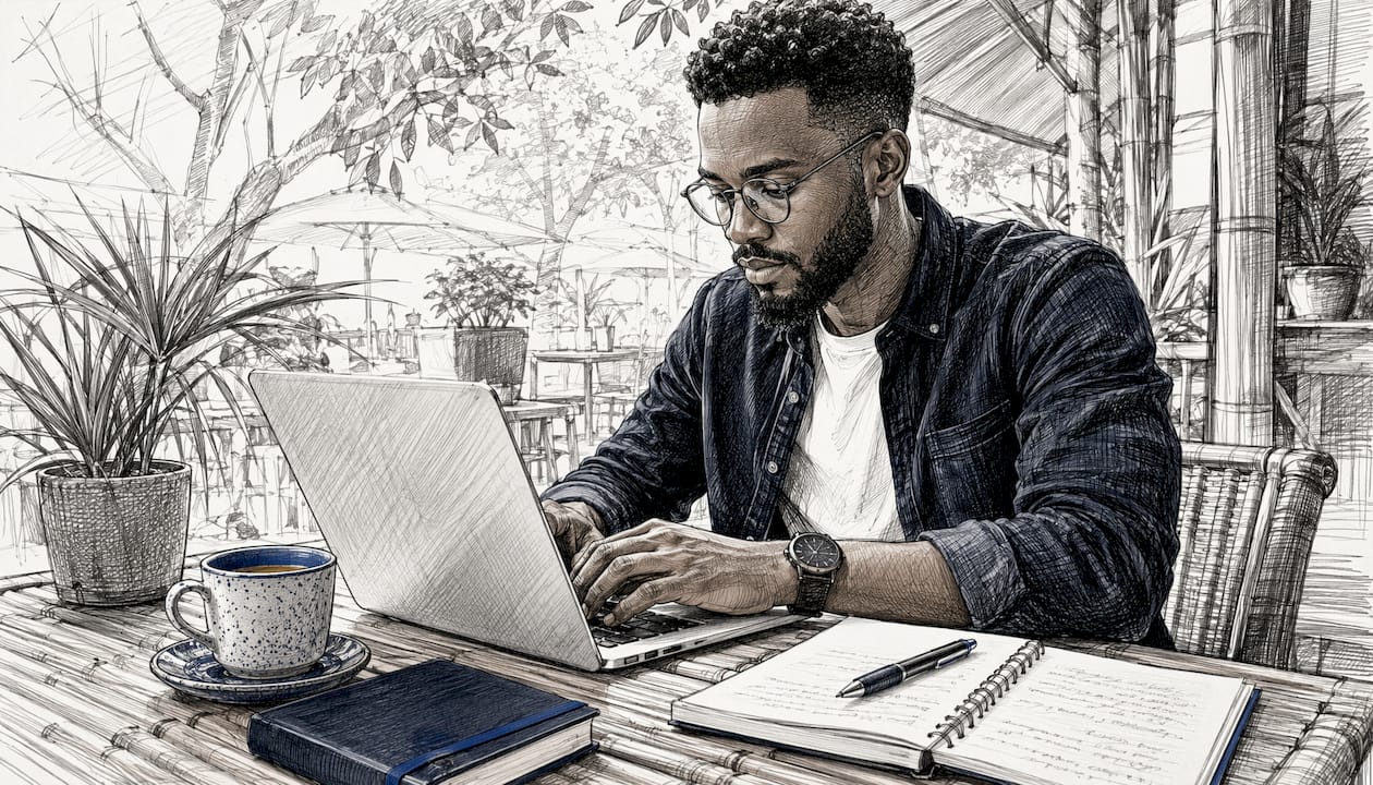 Man using laptop for project management in co-working space