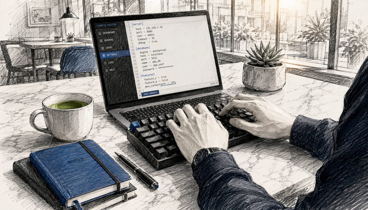 Hands setting up WordPress plugin at home office desk
