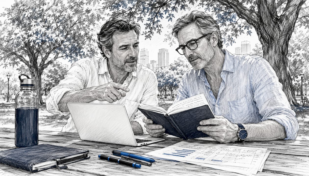 Two men discussing WordPress plugin features