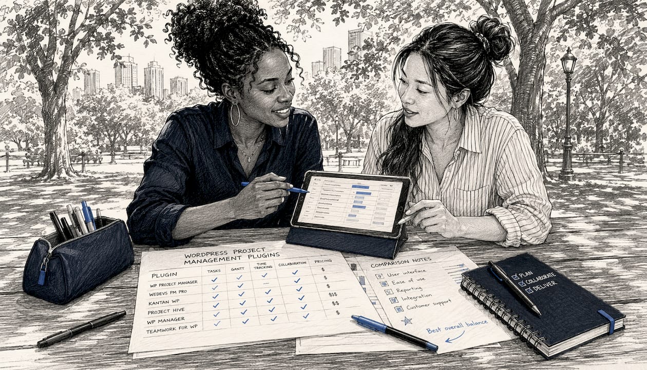 Two colleagues discussing WordPress project tools