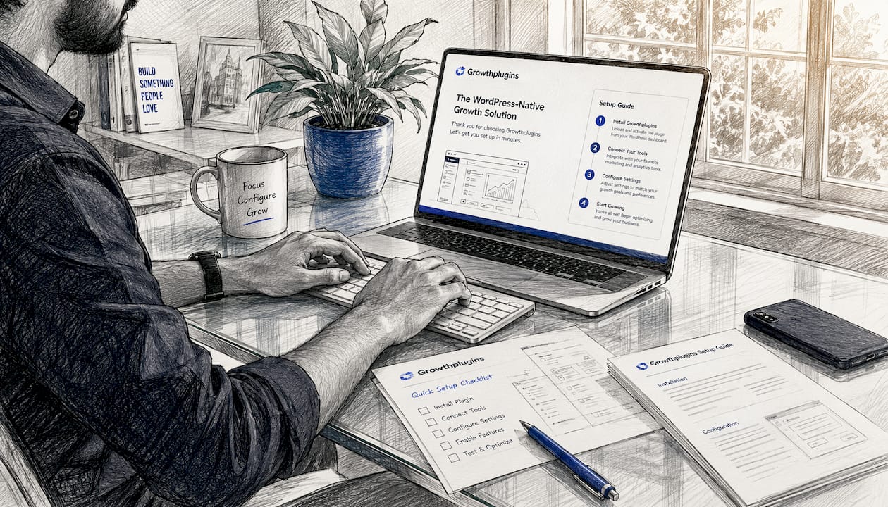 Hands configuring Growthplugins on desk setup