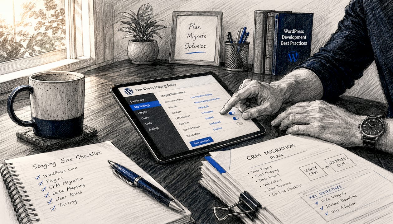Hands preparing CRM migration on staging site