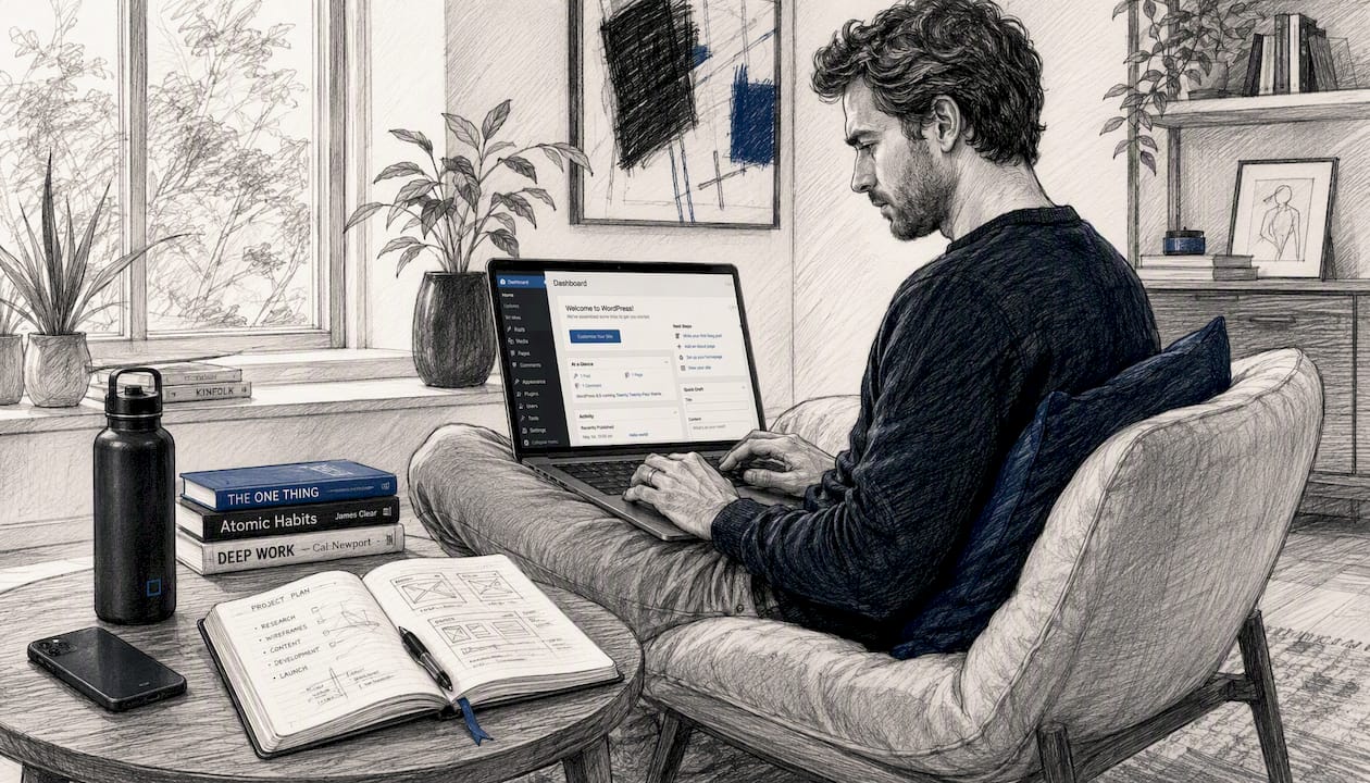 Hands typing on WordPress project dashboard