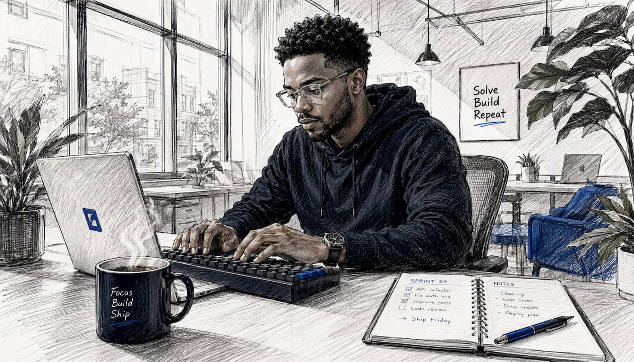 Engineer typing on laptop in home office