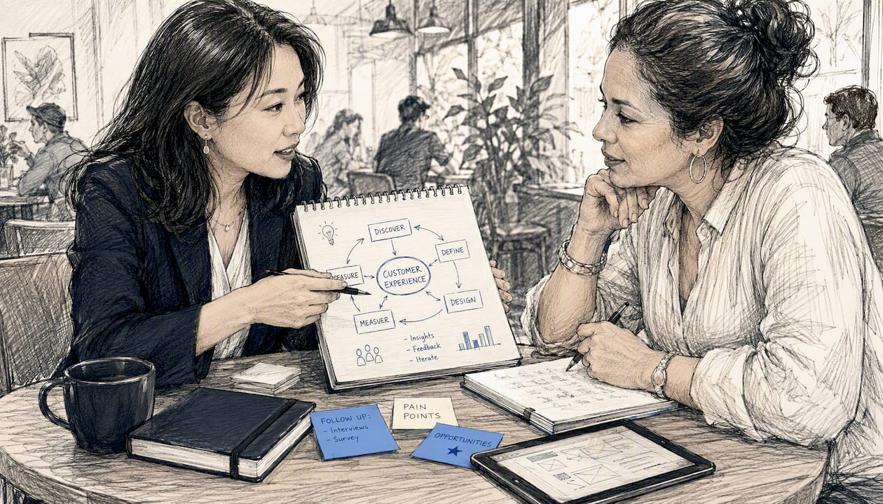 Two women collaborating over project briefs