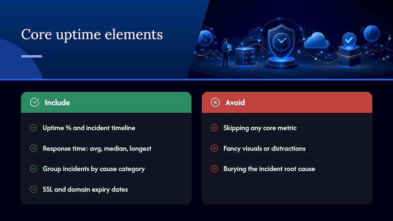 Diagram showing uptime percentage, incident timeline and response times