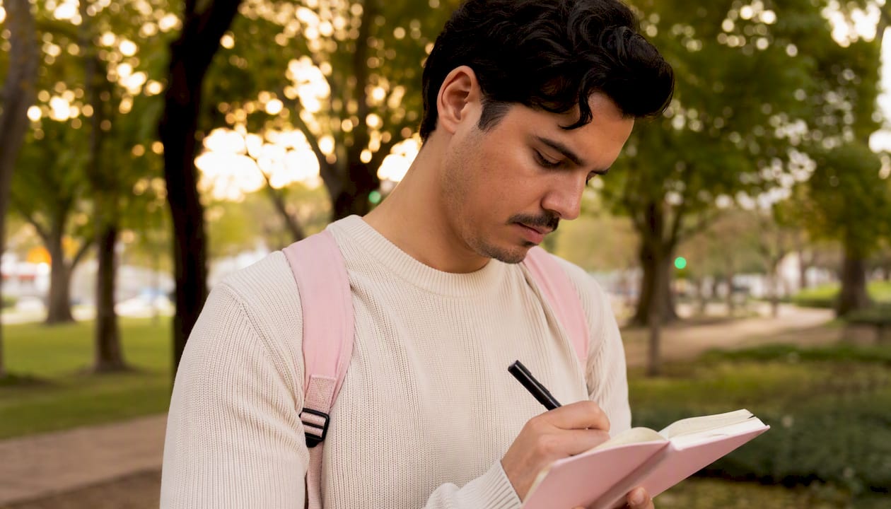 Man tracking transportation expenses outdoors