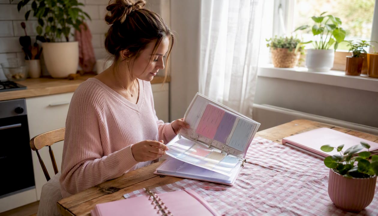 Hands organizing budget binder refill pages