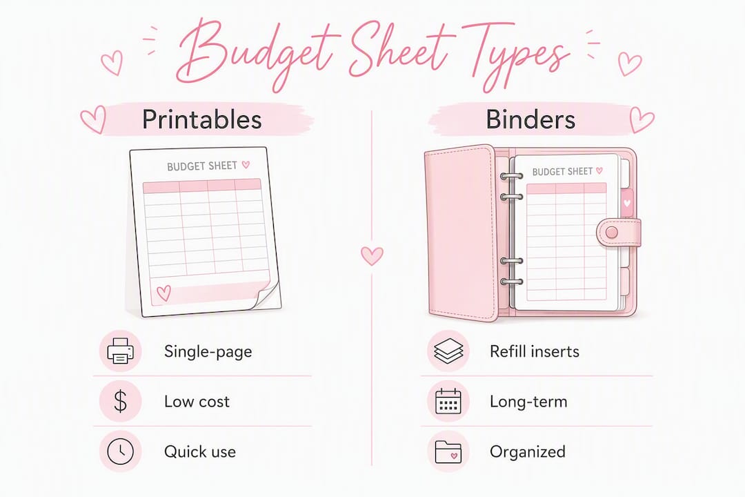 Infographic comparing printable and binder budget sheets