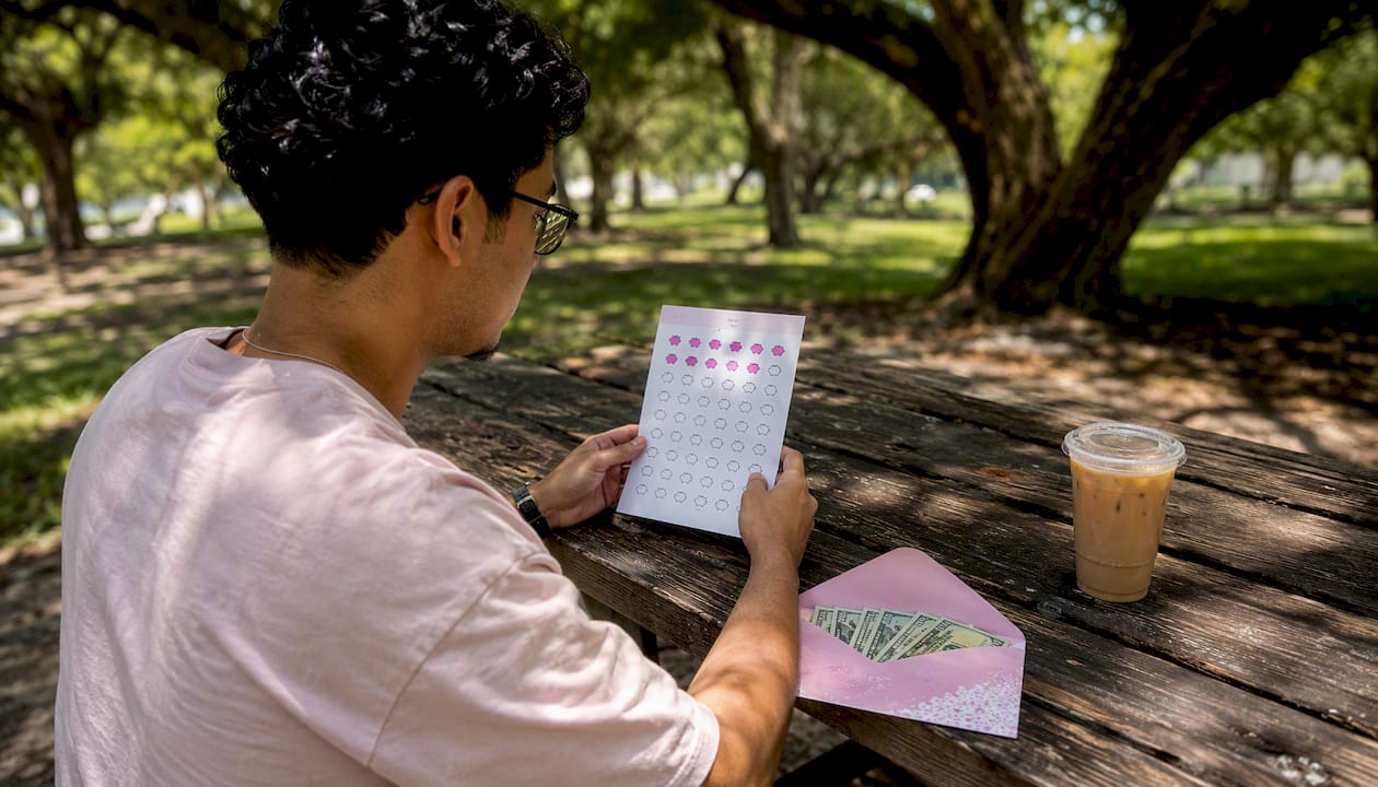 Man tracking savings with printed sheet in café