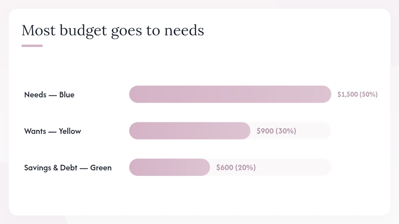Color-coded bar chart of 50/30/20 budget categories