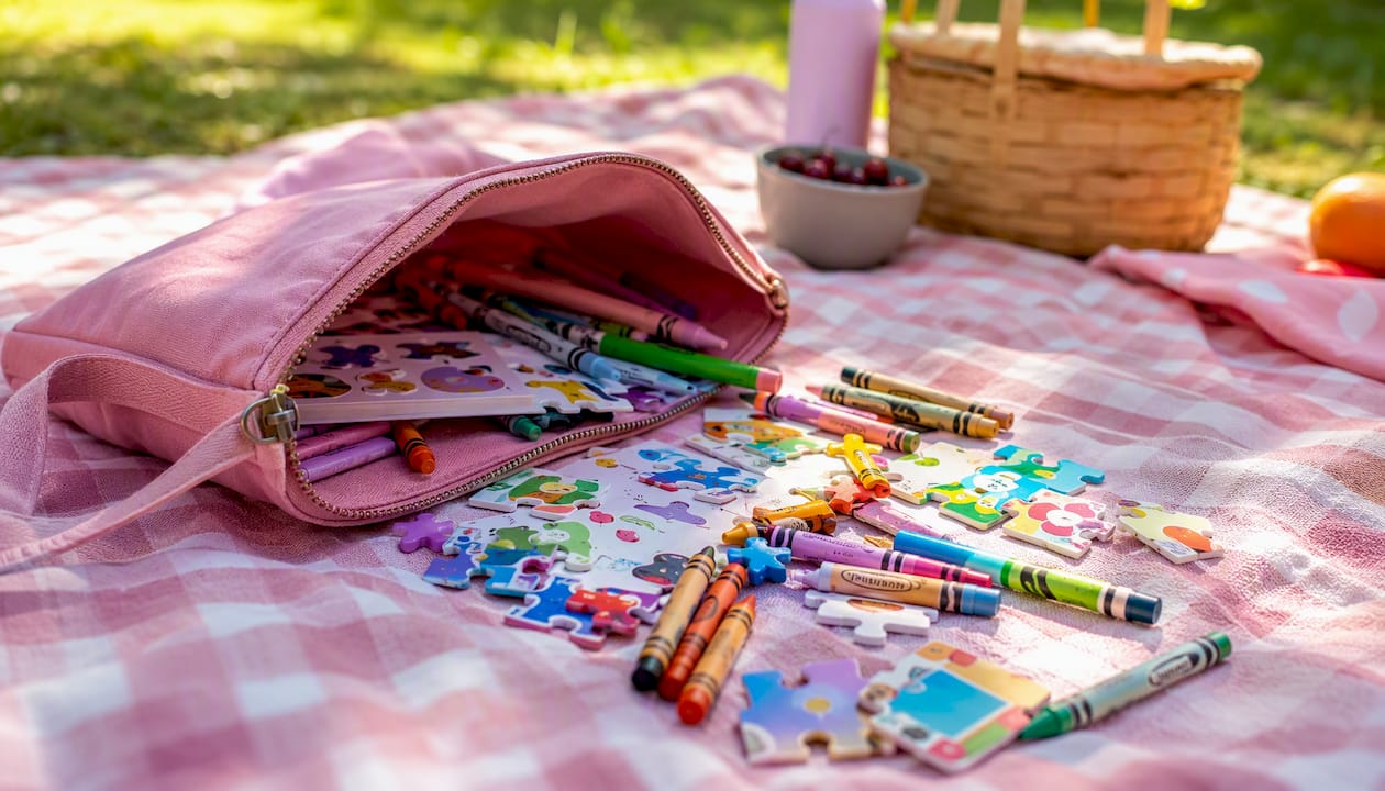 Kids activity kit pouch with crayons and stickers
