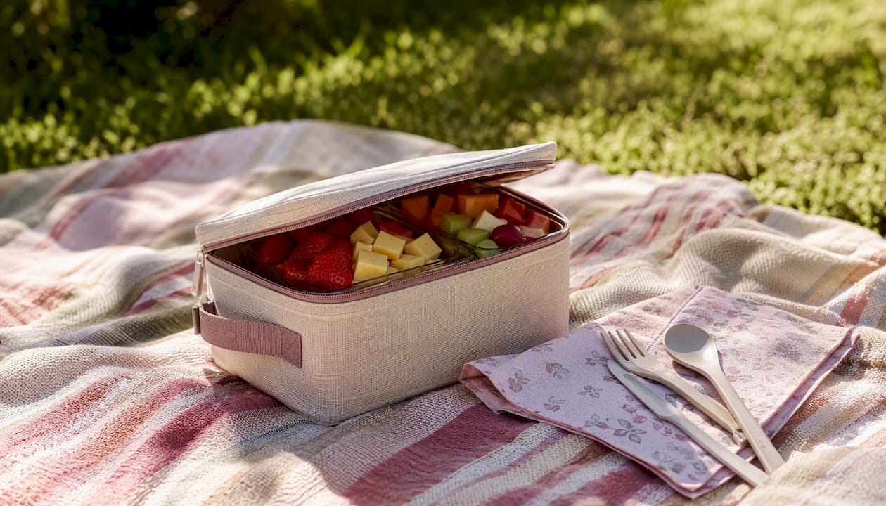 Insulated pouch with fruit and cheese snack