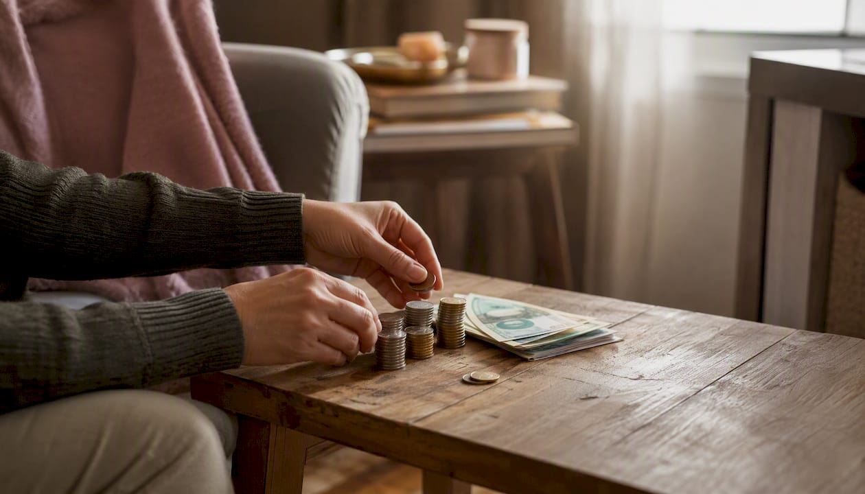 Hands stacking coins and notes on table