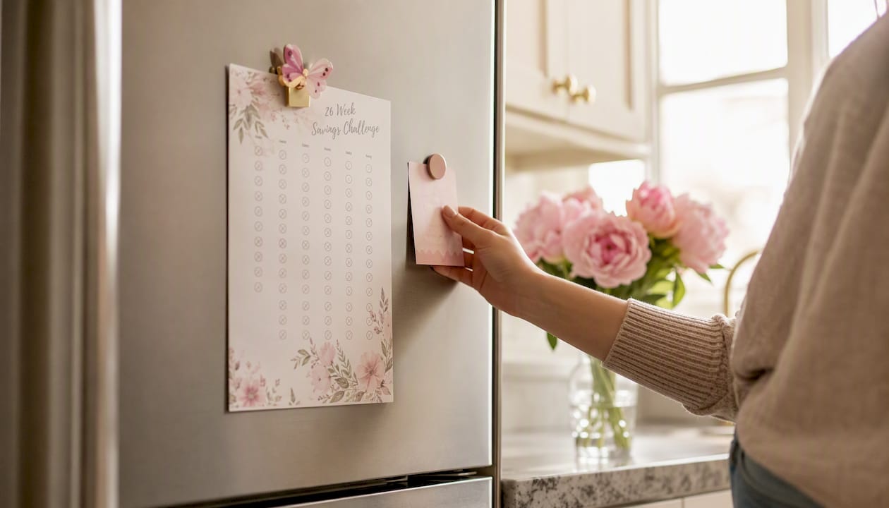 Savings tracker pinned on refrigerator