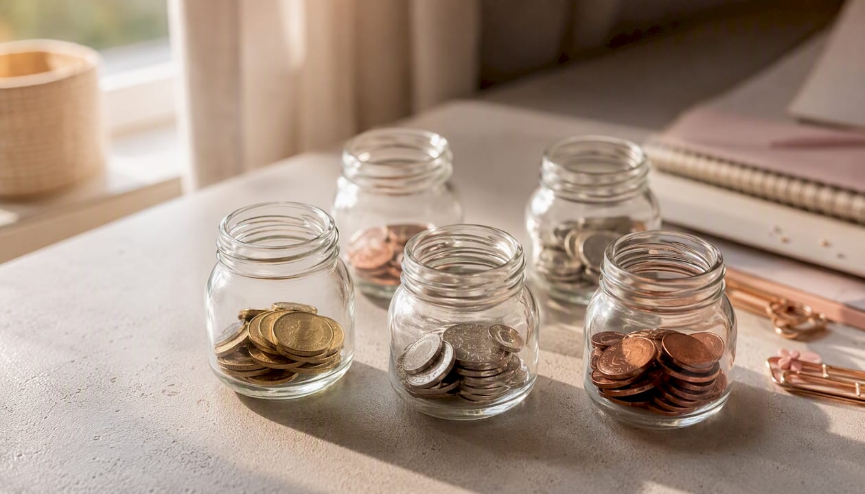 Sorted coin jars arranged on table