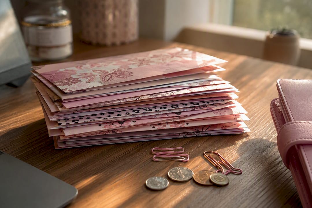 Stack of colorful cute cash envelopes on table
