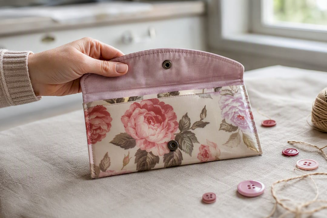 Hand holding durable fabric cash envelope with snap