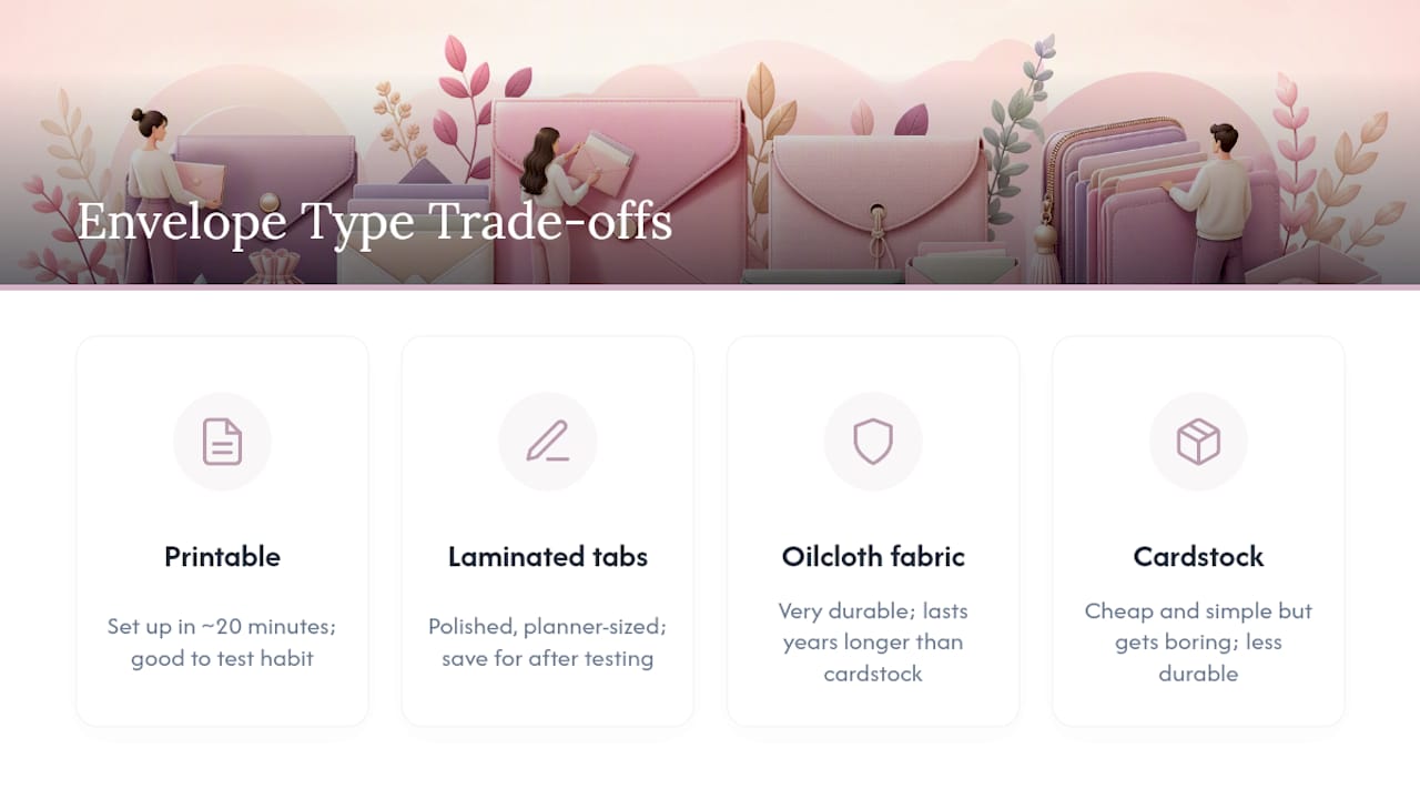 Chart comparing cash envelope types on key features
