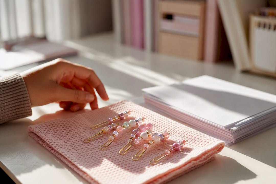 Handcrafted beaded paper clips on pastel table