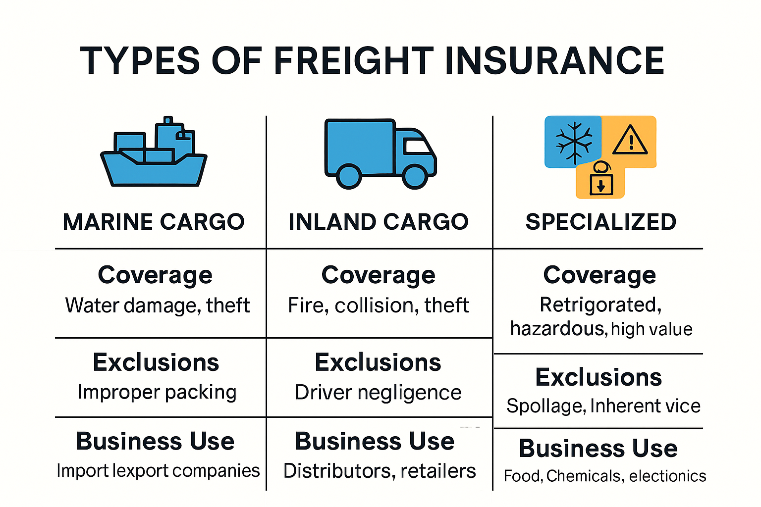 Comparison of freight insurance types with coverage details