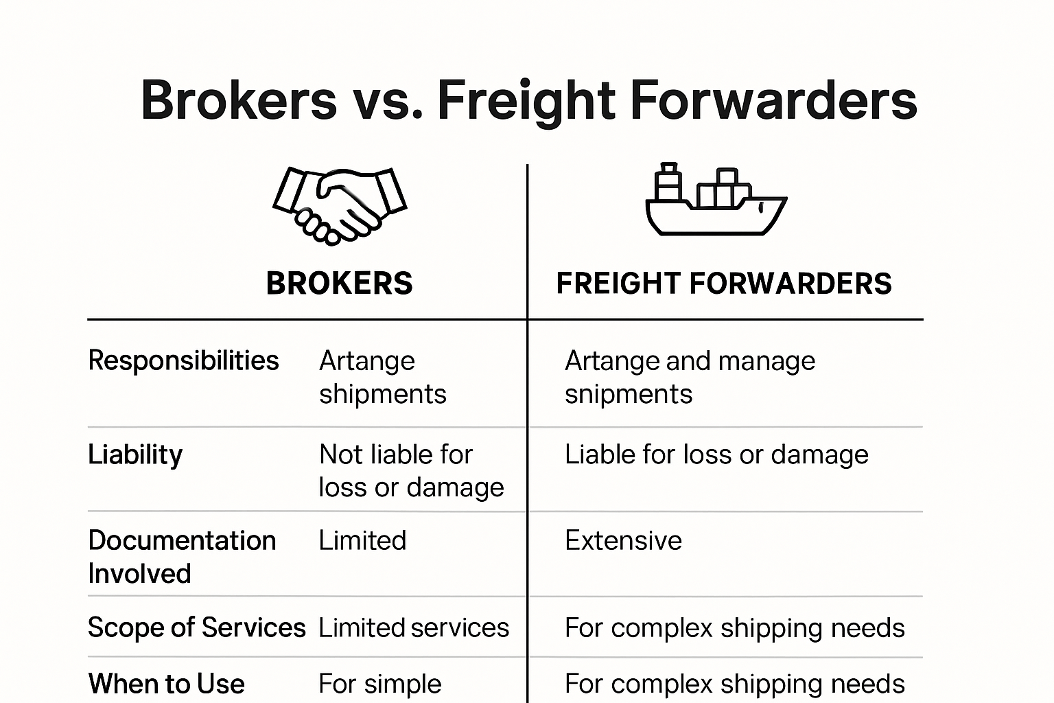 Comparison chart of broker vs freight forwarder differences