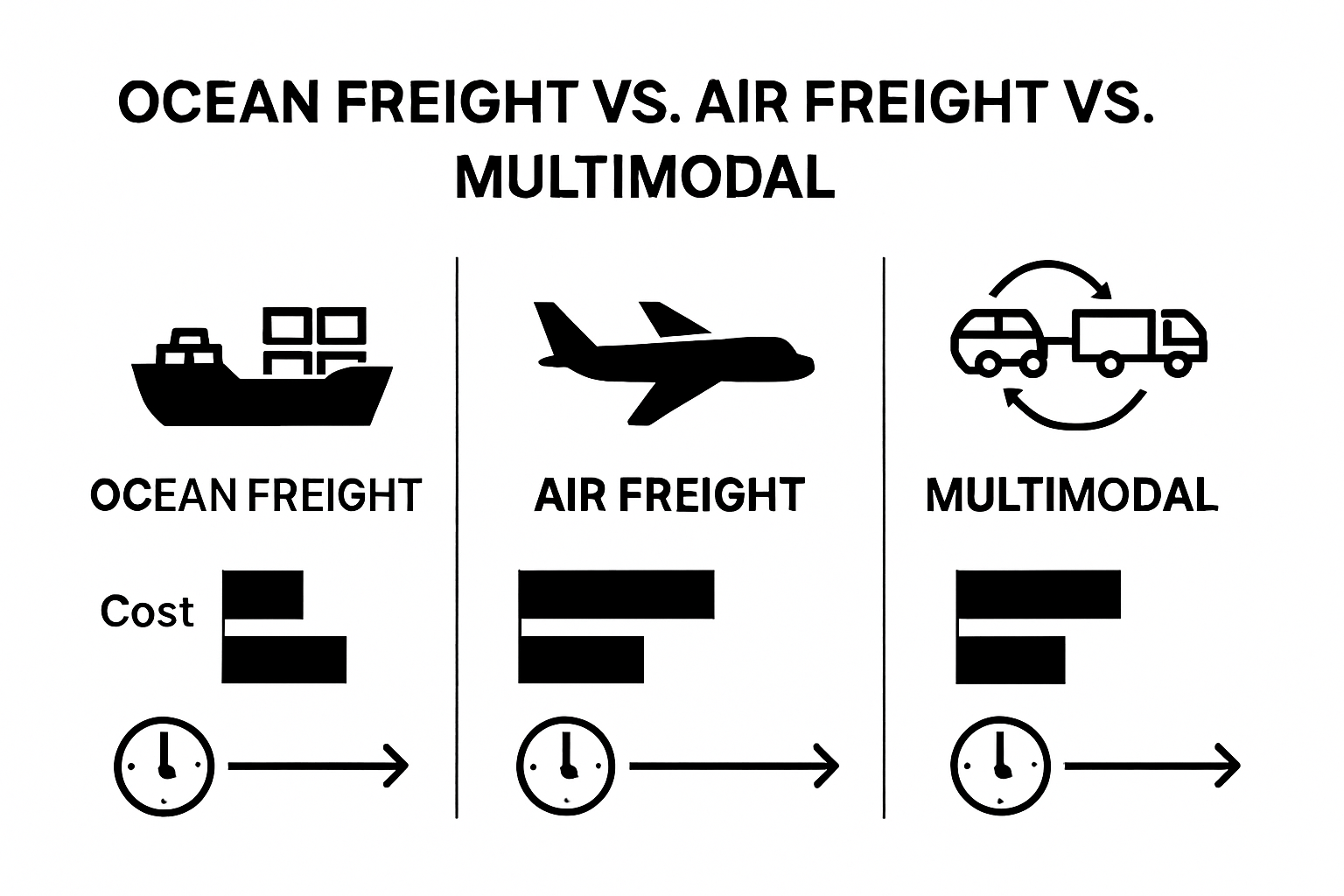 Visual comparison of ocean freight, air freight, and multimodal shipping costs and speeds