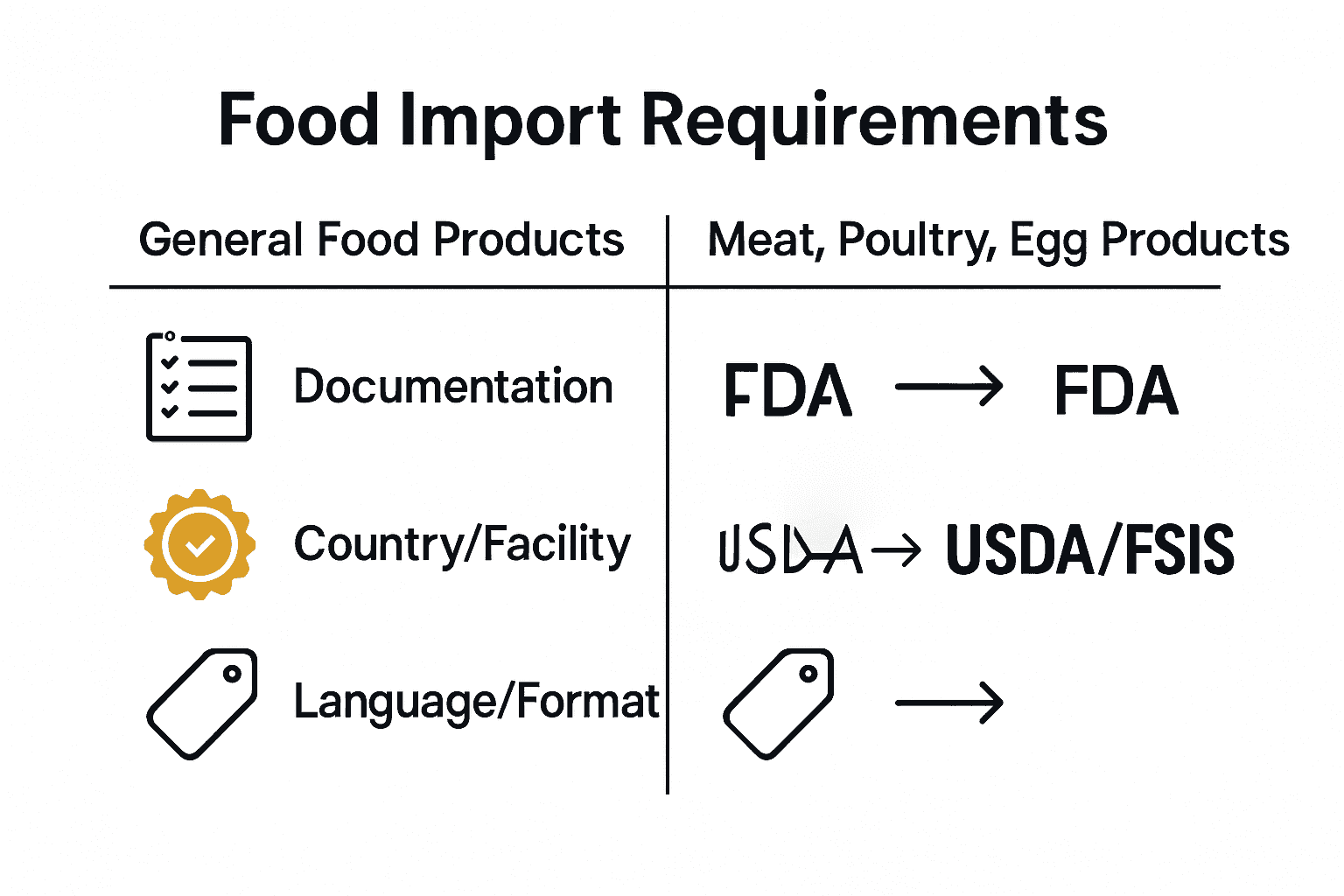 Infographic comparing US food import requirements for different product categories.