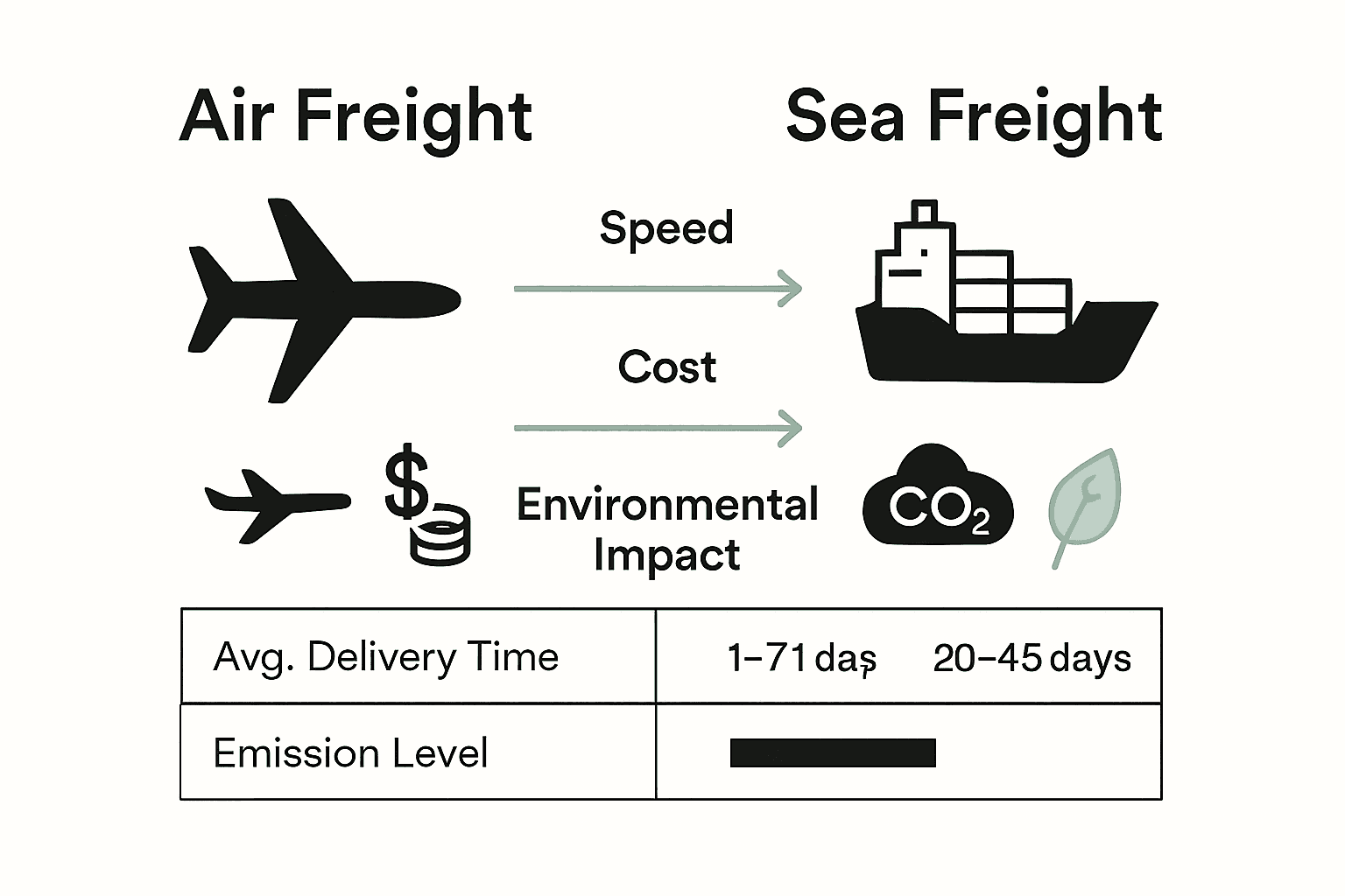 Visual chart comparing speed, cost, and sustainability of air and sea freight.