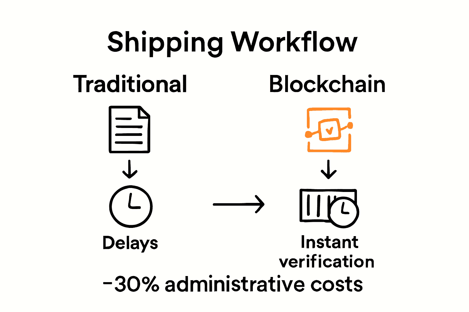 Infographic comparing traditional versus blockchain shipping documentation processes with icons and workflow arrows.