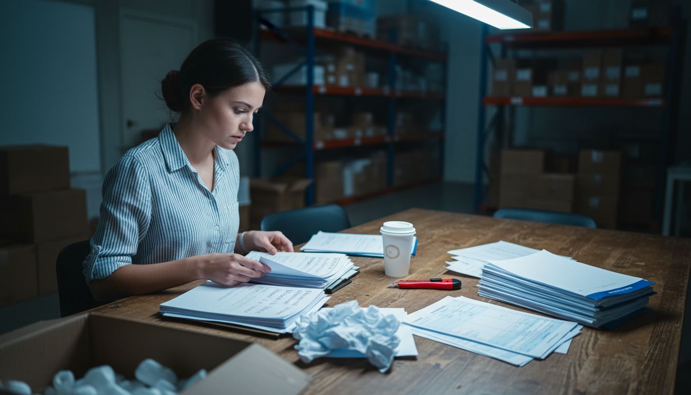 Coordinator checking invoice paperwork at table