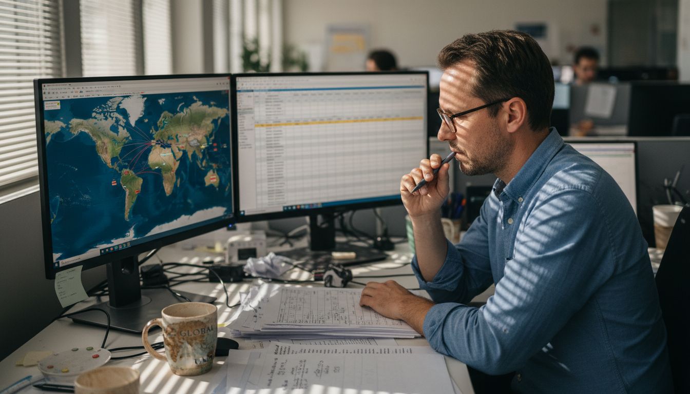 Analyst mapping logistics network on screens