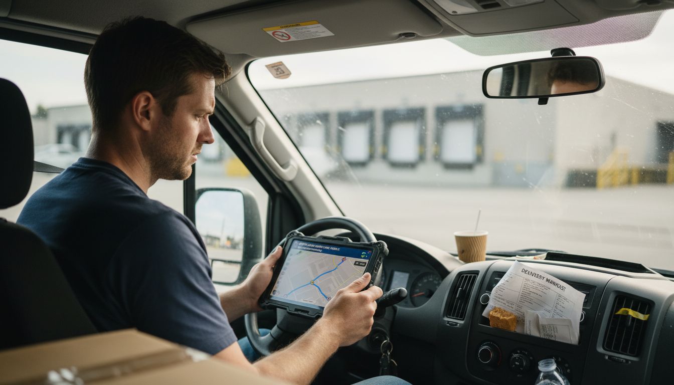 Driver tracks packages on tablet in van