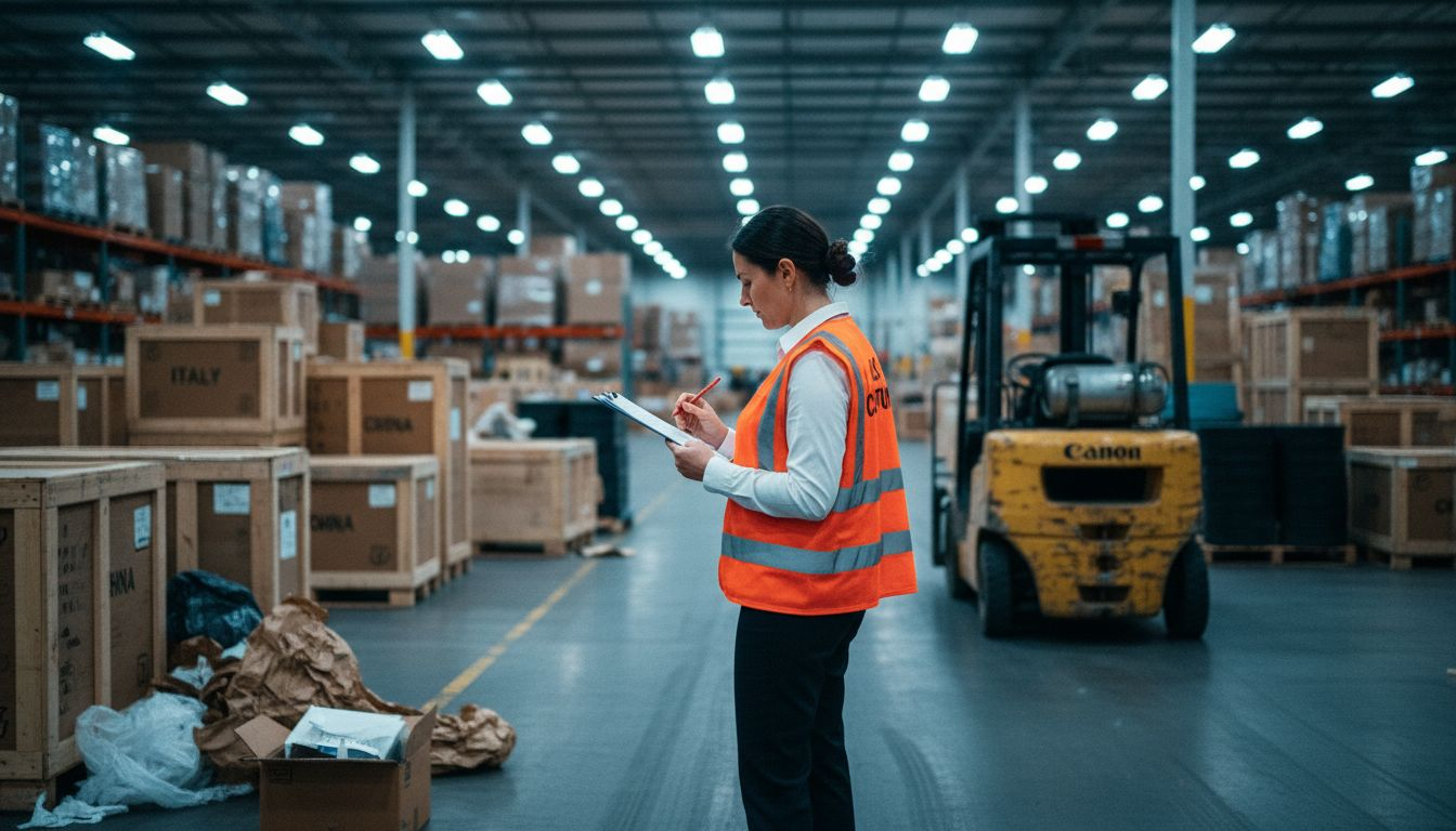 Customs inspector checks tariff paperwork in warehouse