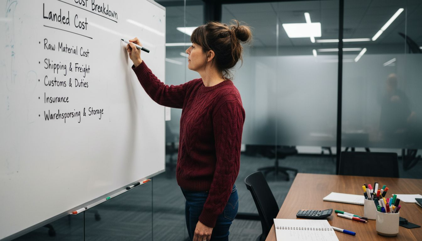 Analyst explaining landed cost breakdown on whiteboard