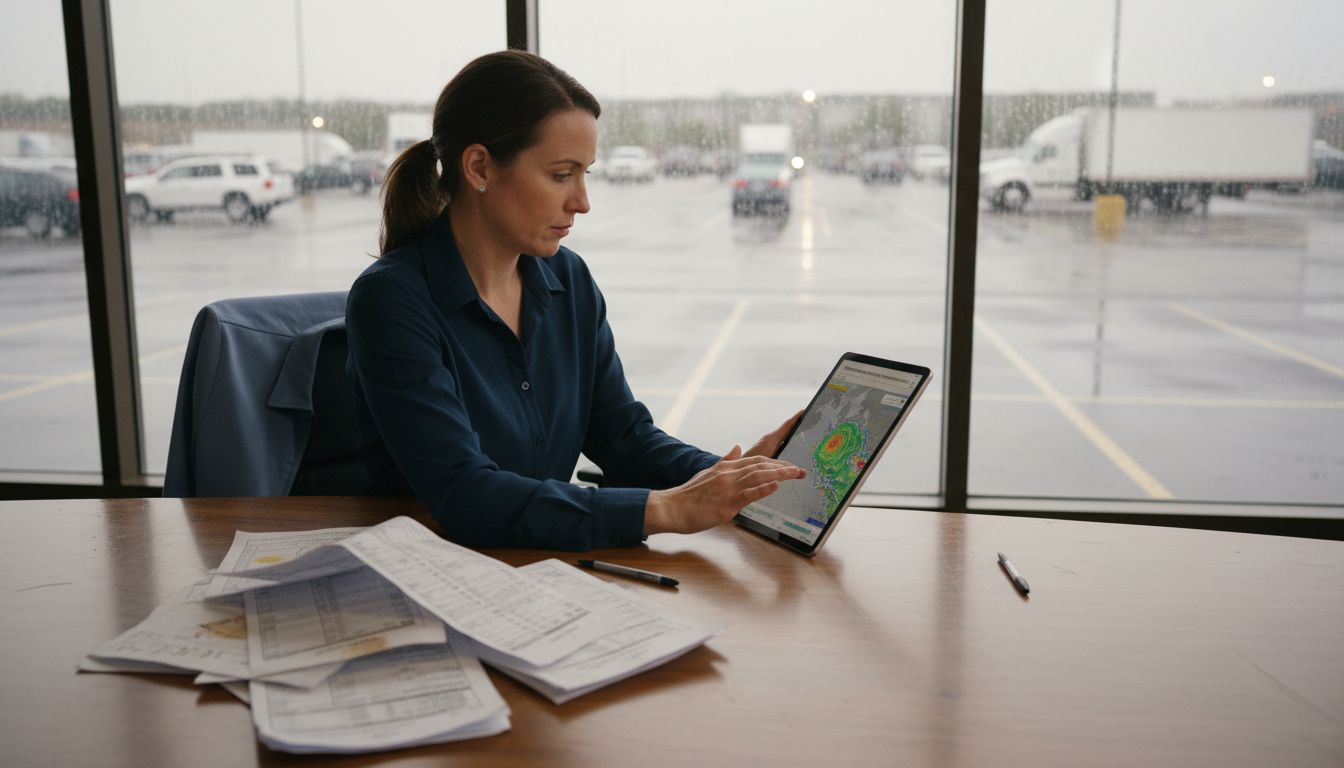 Logistics coordinator planning during rainy weather