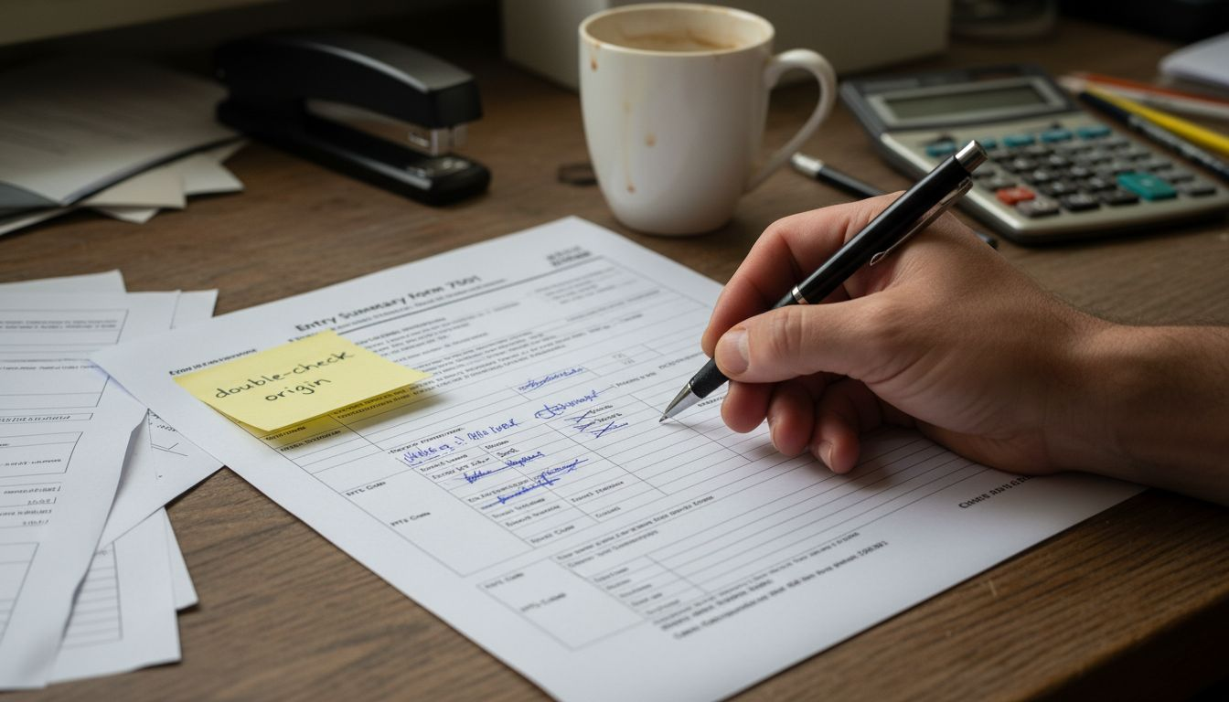 Entry Summary Form 7501 close-up with pen and notes