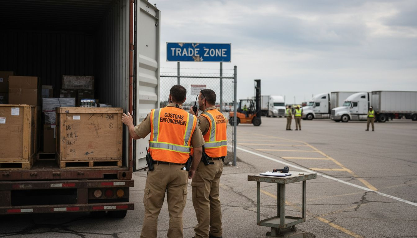 Inspectors at border checkpoint with containers