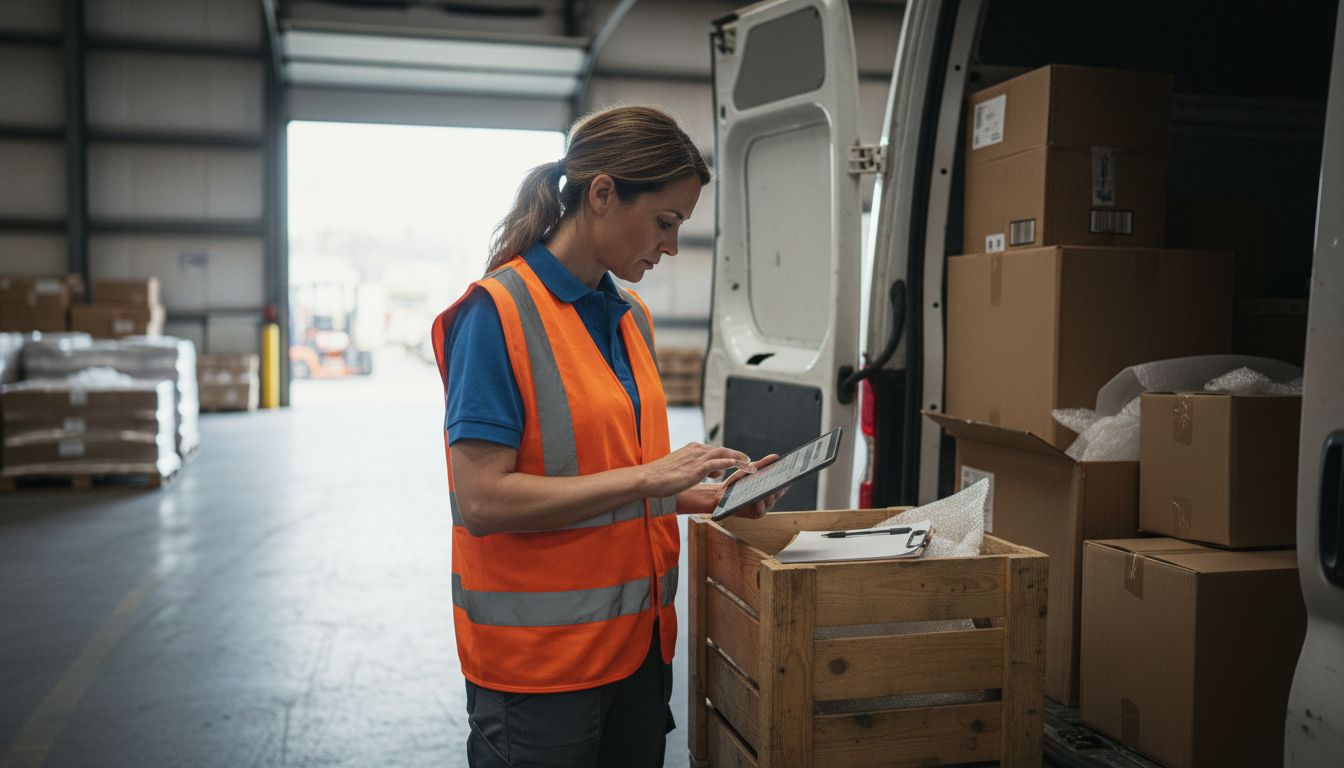 Driver checks tablet while loading delivery van
