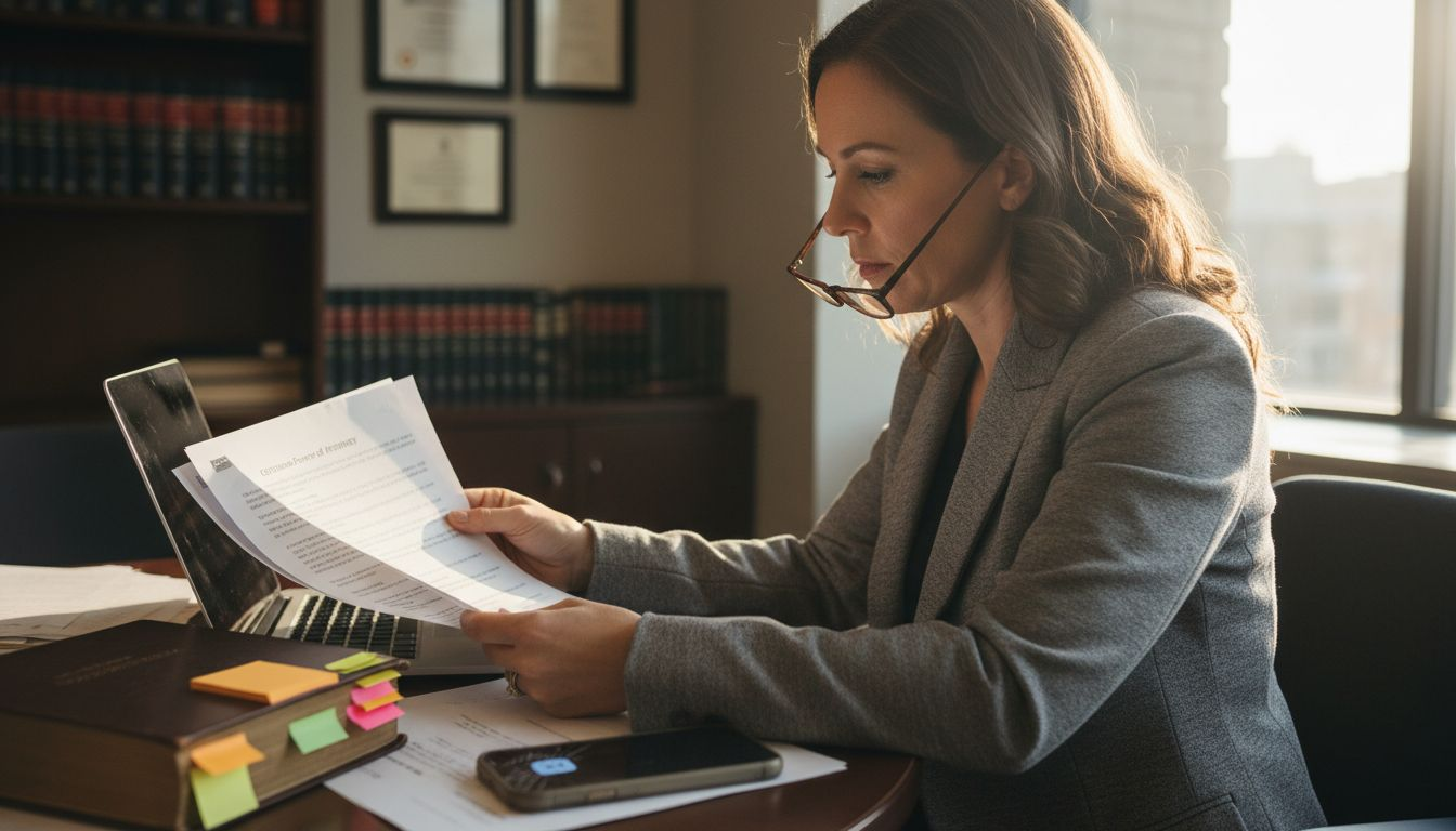Woman reviewing customs attorney PDF in office