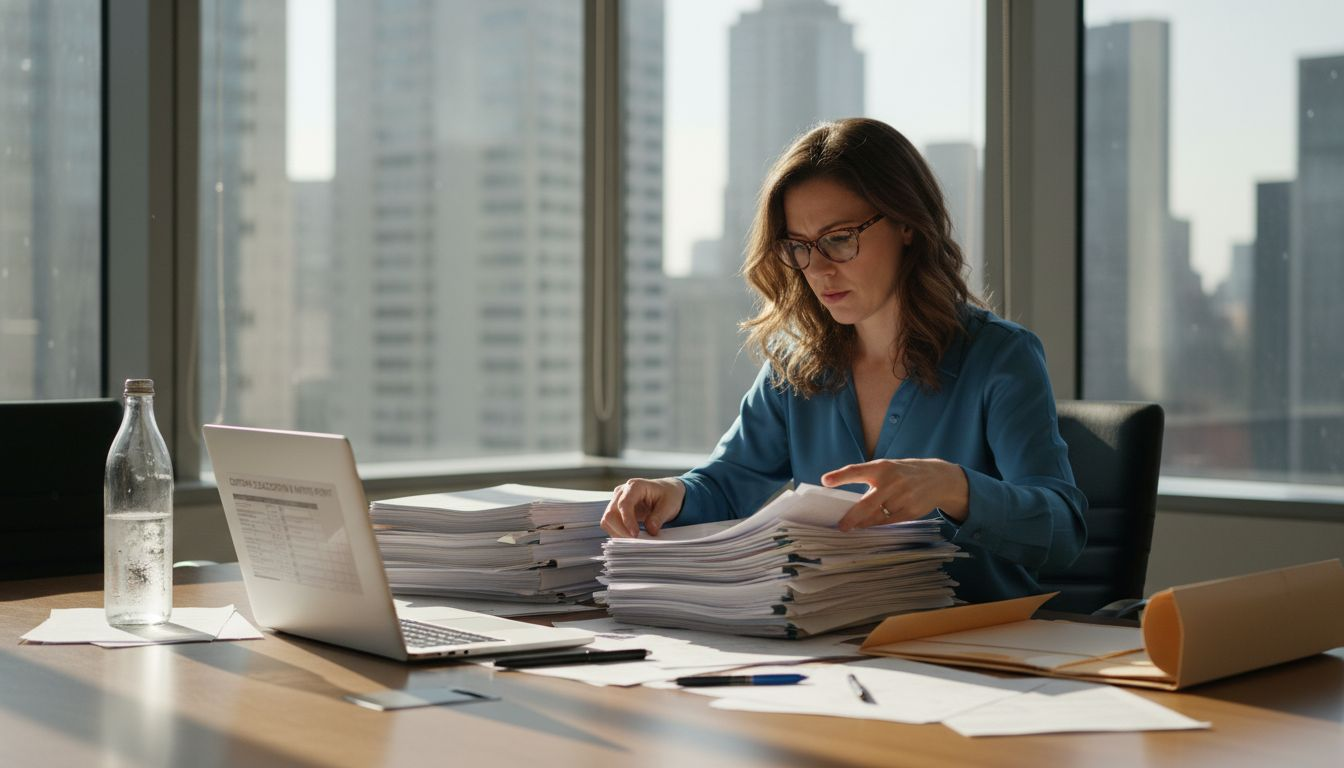 Woman auditing cross-border shipping paperwork